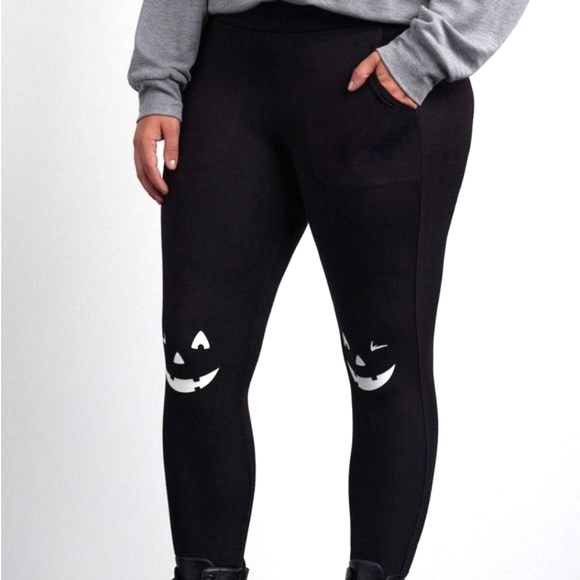 ❤️NWT VINTAGE TORRID LEGGING - GLOW IN THE DARK HALLOWEEN JACK O LANTERN POCKETS - Picture 2 of 11